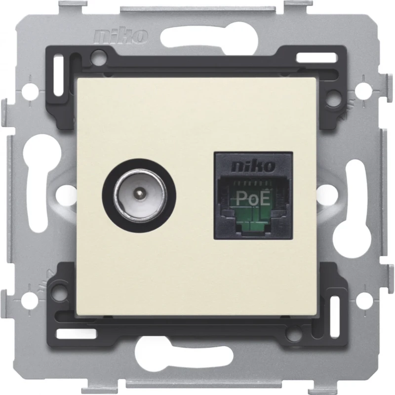 Niko Combinatie coax met RJ45-aansluiting UTP cat 5E klaar voor PoE++ Modular-Jack Basiselement met centrale afdekplaat 2 connectoren Zonder label beige 100-79138