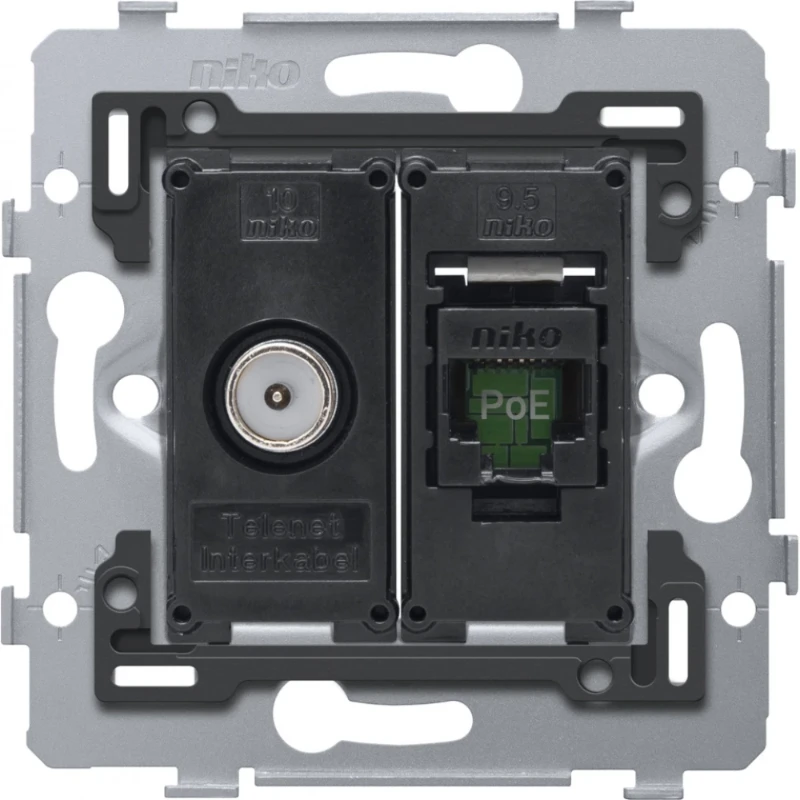 Niko Combinatie coax met RJ45-aansluiting UTP cat 6 klaar voor PoE++ Modular-Jack Basiselement met adapterplaat 2 connectoren Zonder label 170-79238