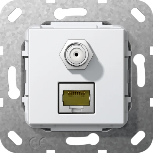 Gira Non-Design rj45 cat 6a 10 gbit sat-f-bus koppeling Modular-Jack Basiselement met centrale afdekplaat Zonder label 569703