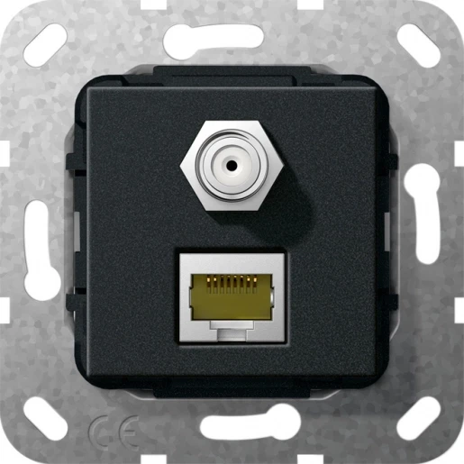 Gira Non-Design rj45 cat 6a 10 gbit sat-f-bus koppeling Modular-Jack Basiselement met centrale afdekplaat Zonder label 569710