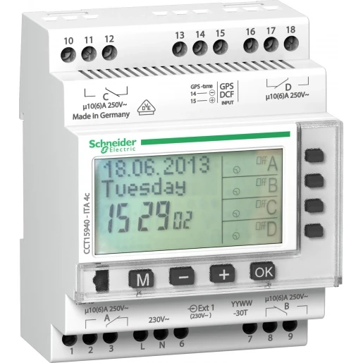 Merten Acti9 ita multifunctionele tijdschakelaar digitaal DIN-rail 230V 4 kanalen 10A AC CCT15940