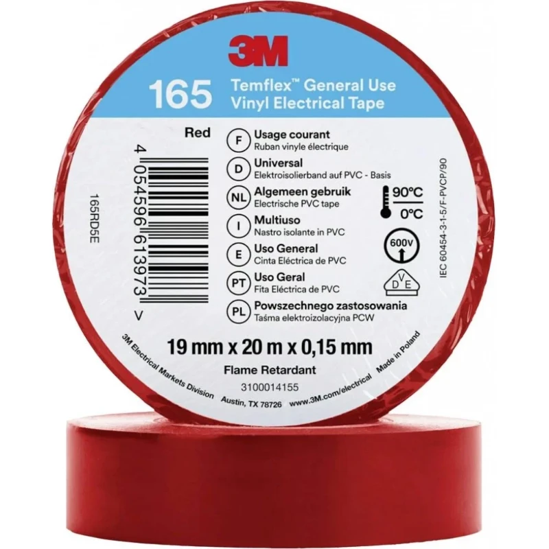 3M Vinyl isolatietape 165 Rood 19mm x 20m