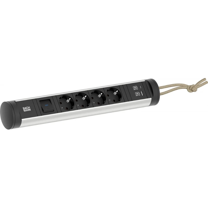 Bachmann stekkerdoos 4x + usb a/c + schakelaar - 2,5m ra 4RA 16A IP20 snoer 2.5m 707.002
