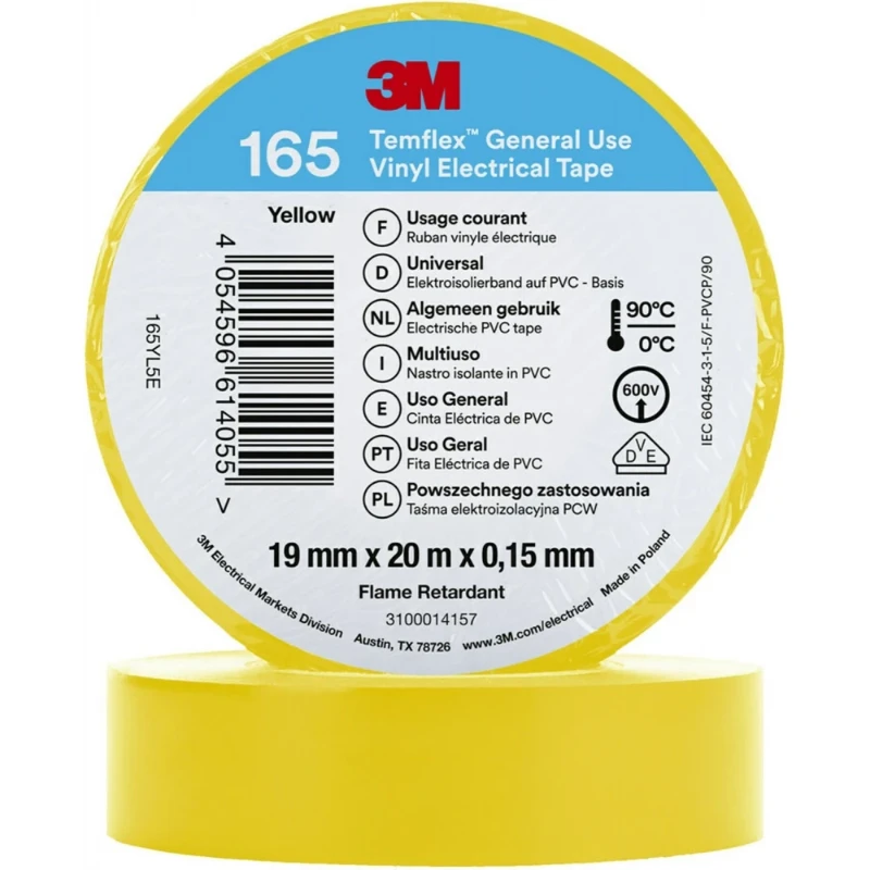 3M Vinyl isolatietape 165 Geel 19mm x 20m