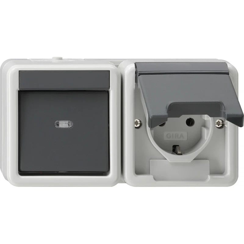 Gira combinatie wandcontactdoos wis + ra k/p opbouw Wisselschakelaar grijs IP44 417730