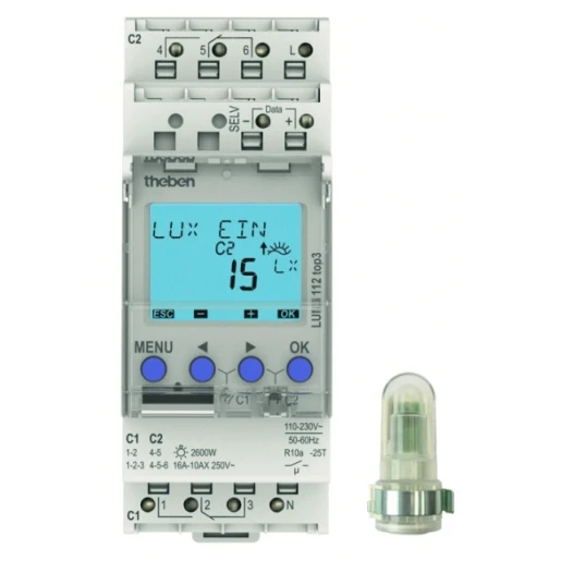 Theben LUNA Schemerschakelaar + lichtsensor 2 kanalen DIN-rail Inbouw 230V 16A 1120230