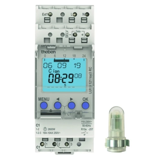Theben LUNA schemerschakelaar + schakelklok lichtsensor 1 kanaal DIN-rail Wandopbouw 230V 16A 1210130