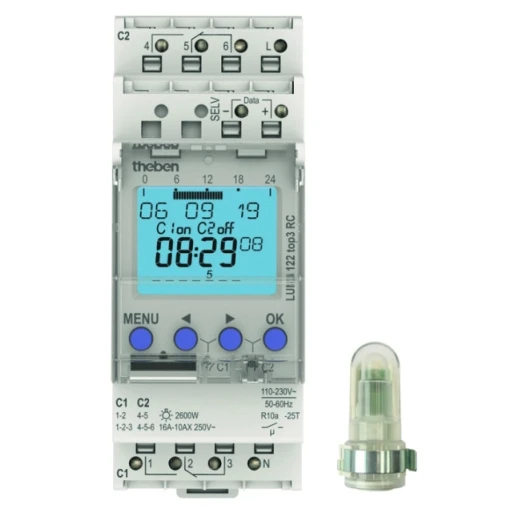 Theben LUNA schemerschakelaar + schakelklok lichtsensor 1 kanaal DIN-rail Wandopbouw 230V 16A 1220130