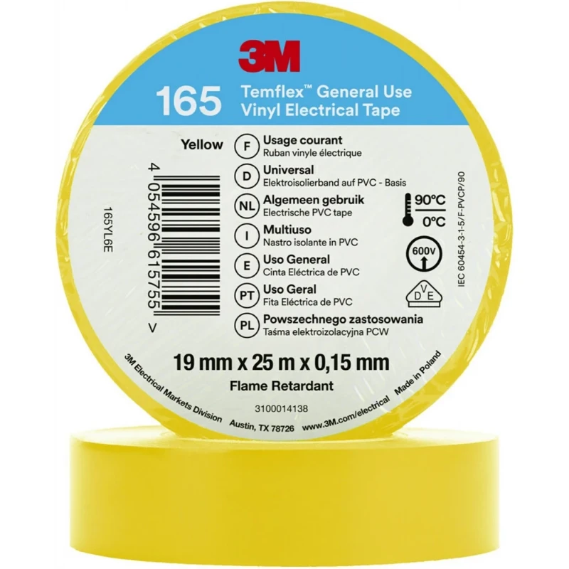 3M Vinyl isolatietape 165 Geel 19mm x 25m