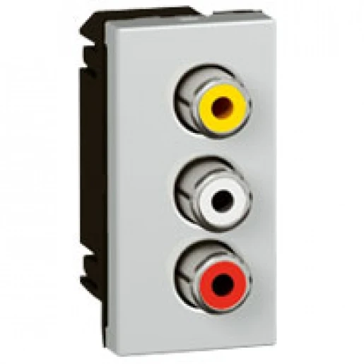 Legrand Mosaic Audio-/video-aansluiting RCA female schroef Cinch/S-Video Basiselement met centrale afdekplaat 3 connectoren Zonder label aluminium 079254