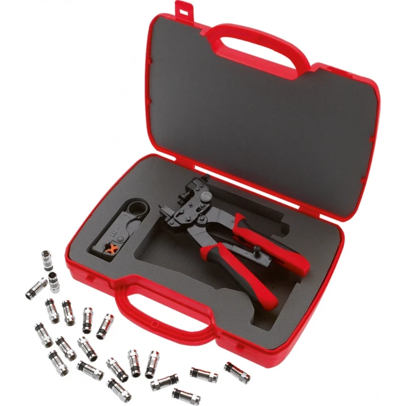 Cimco Gereedschapsset voor Coax inclusief perstang striptang en stekkers 106154