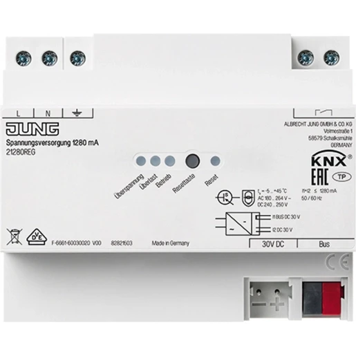 Jung Voedingseenheid bussysteem KNX 1280mA 30V DIN-rail 21280REG