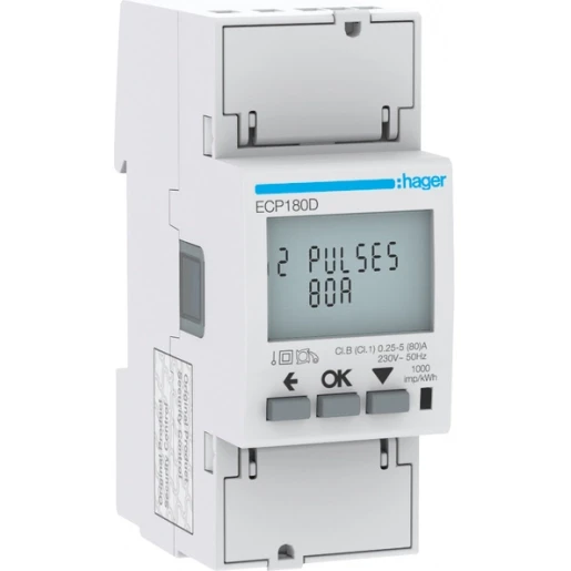 Hager Kwh-meter 1-fase direct 80 a 2 modulen met s0 pulsuitgang mid