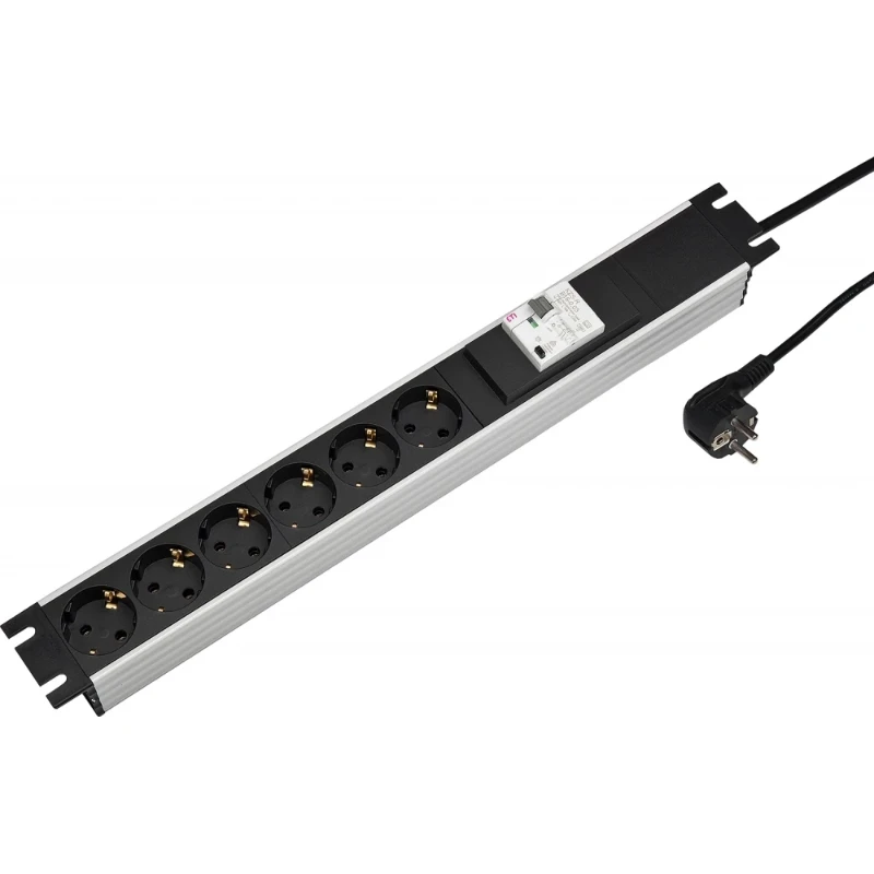 Martin Kaiser Contactdooscomb 19" 6v ra met zekeringaut.16A l.grijs-zwart snoer3m