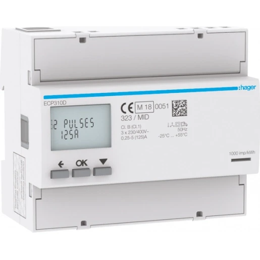 Hager Kwh-meter 3-fase direct 125 a 6 modulen met s0 pulsuitgang mid