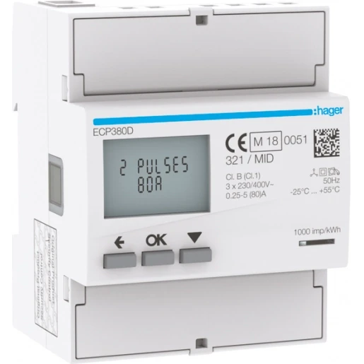 Hager Kwhh-meter 3-fase direct 80a 4 modulen met s0 pulsuitgang mid