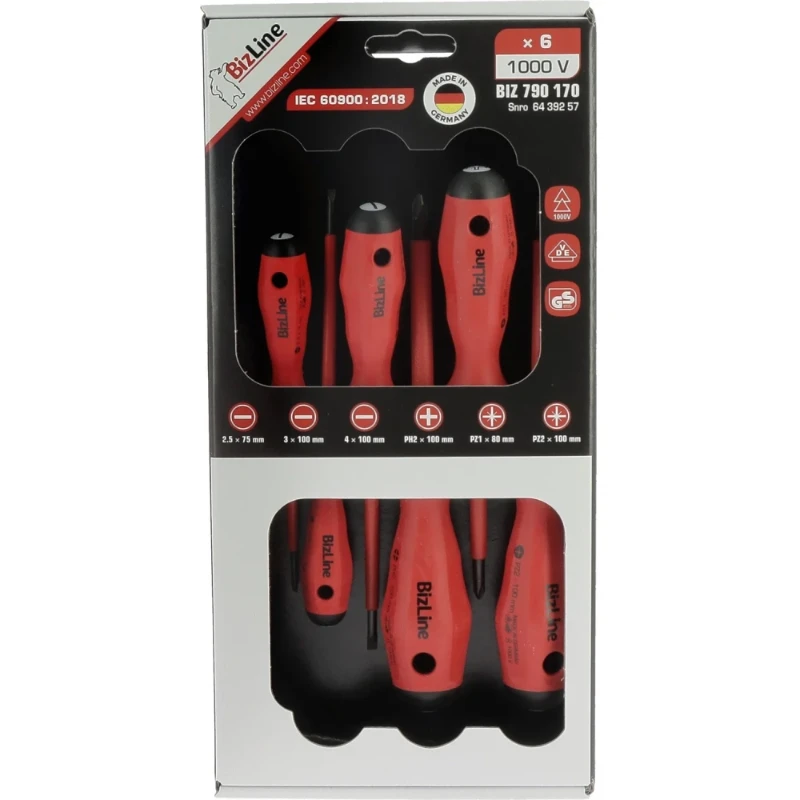 Bizline Set met 6 geïsoleerde VDE schroevendraaiers 2 PZ 1 PH 3 platte schroevendraaiers Geïsoleerd 1000 V 790170