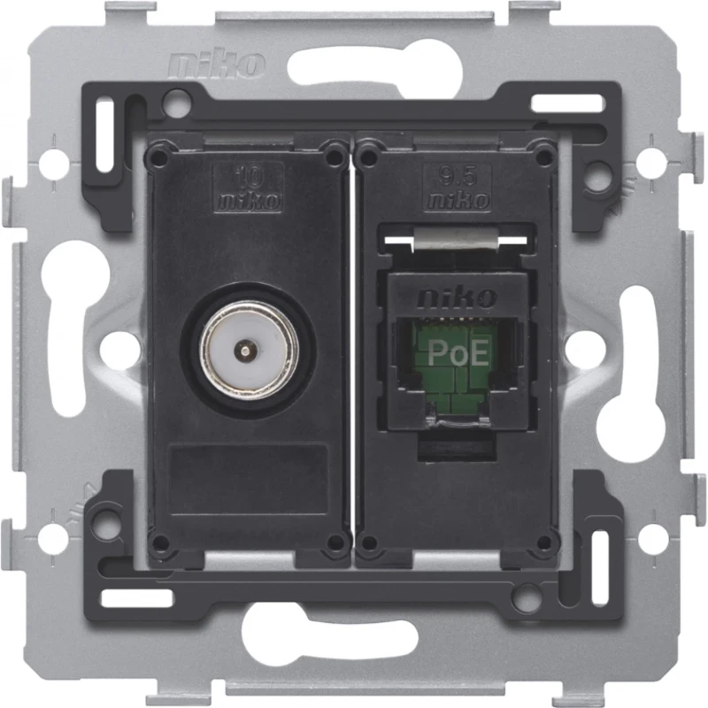Niko Combinatie coax met RJ45-aansluiting UTP cat 5E klaar voor PoE++ vl Modular-Jack Basiselement met adapterplaat 2 connectoren Zonder label 170-79138