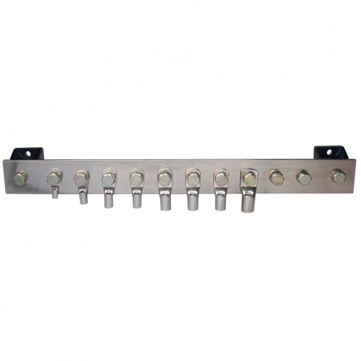 JMV Hoofdaardrail + isolatoren en kabelschoenen 3x10mm² + 3x16mm² 40x5mm 200A 10 aansluitingen M8 koper 9260500