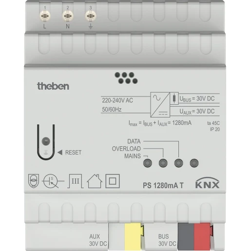 Theben KNX spanningsverzorging en bewaking met hulpspanning KNX 1280mA 30V DIN-rail 9070959