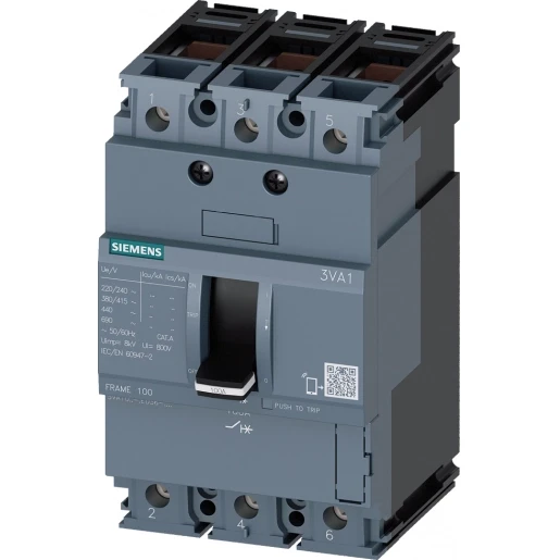 Siemens vermogensschakelaar 3VA1 IEC frame 100 schakelvermogenklasse S Icu=36 kA @ 415 V 3-polig installatiebeveiliging TM210 FTFM