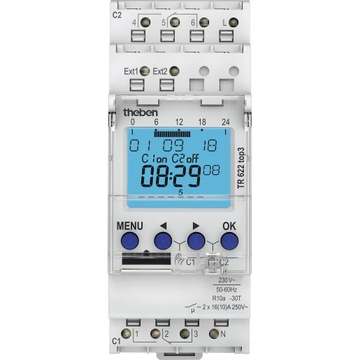 Theben TR622 digitale tijdschakelklok app programma DIN-rail 230V 2 kanalen 16A AC 6220130