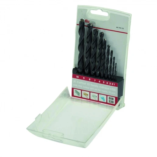 Bizline HSS Gereedschapskoffer met 10 cilindrische metaalboren hss ø 1-10mm 700723