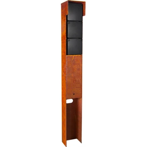 Glampère Pro+ Tuinpaal met kabeldoos afdekkap en installatiedraad cortenstaal 3 contactdozen Glanzend IP55 NL6532CR